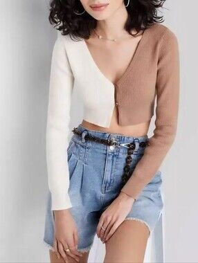 Sz S/M Wild Fable Cotton Blend Two-Tone Cropped V-Neck Cardigan - Cream & Brown